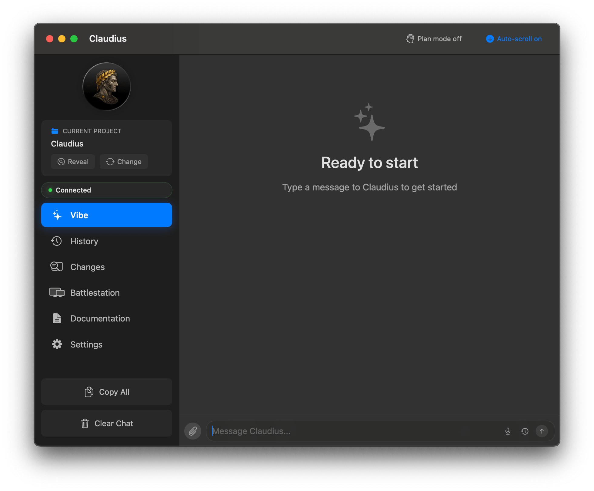 Claudius dark mode interface showing AI chat and code editing windows