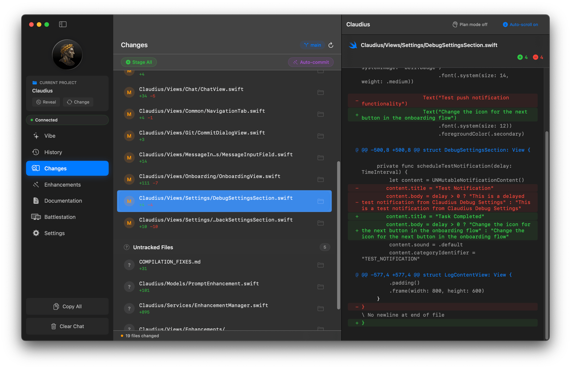 Claudius git diff viewer showing code changes with AI-powered commit message generation