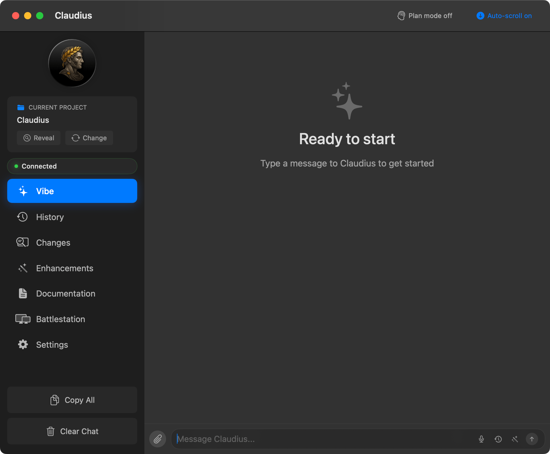 Claudius multi-session interface showing four concurrent AI chat windows