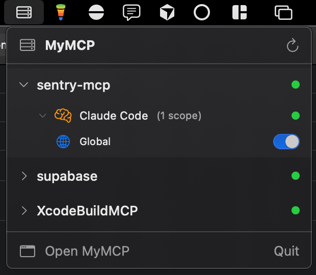 MyMCP menubar dropdown showing quick server access