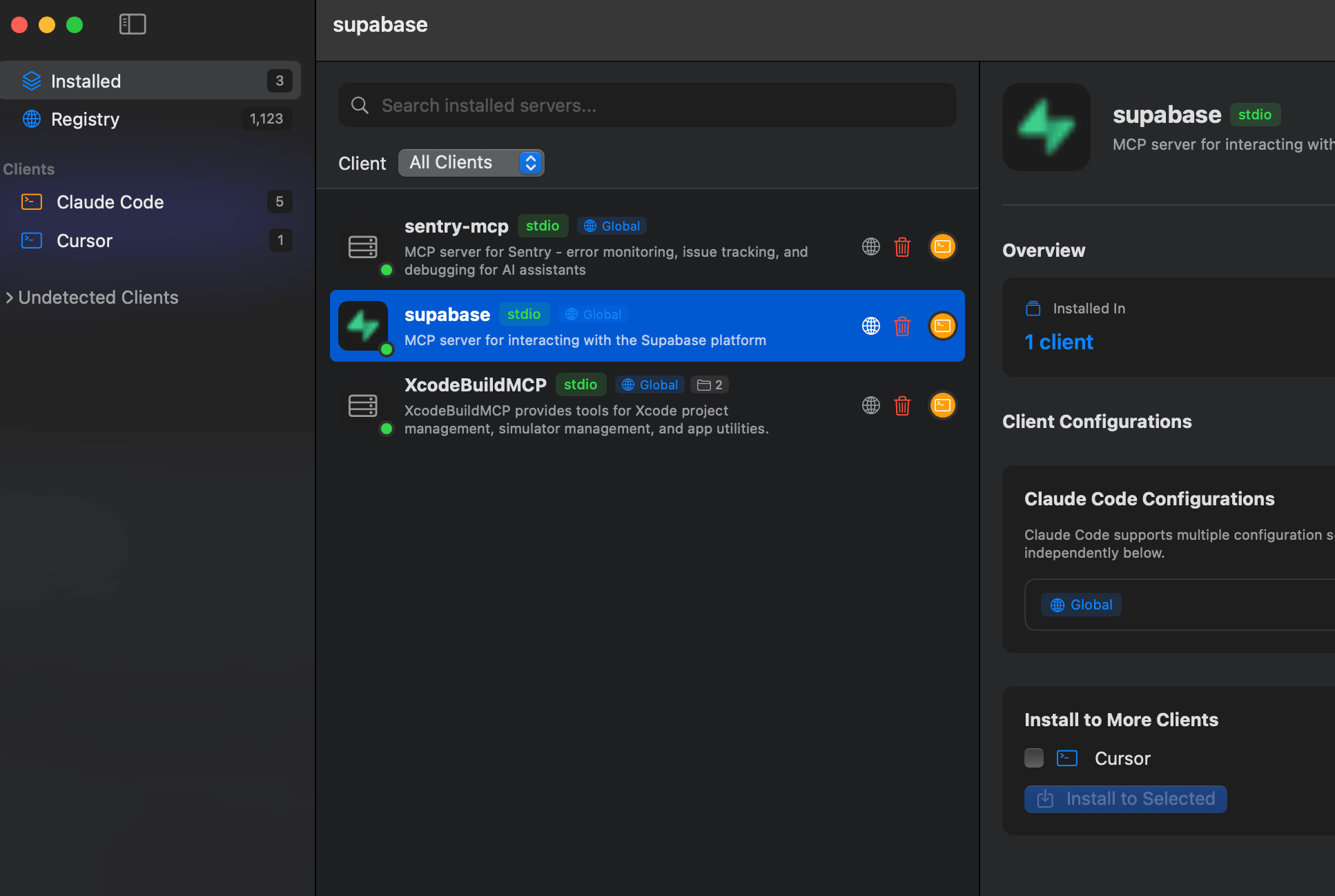 View all your installed servers. Enable, disable, or uninstall them without losing configuration.